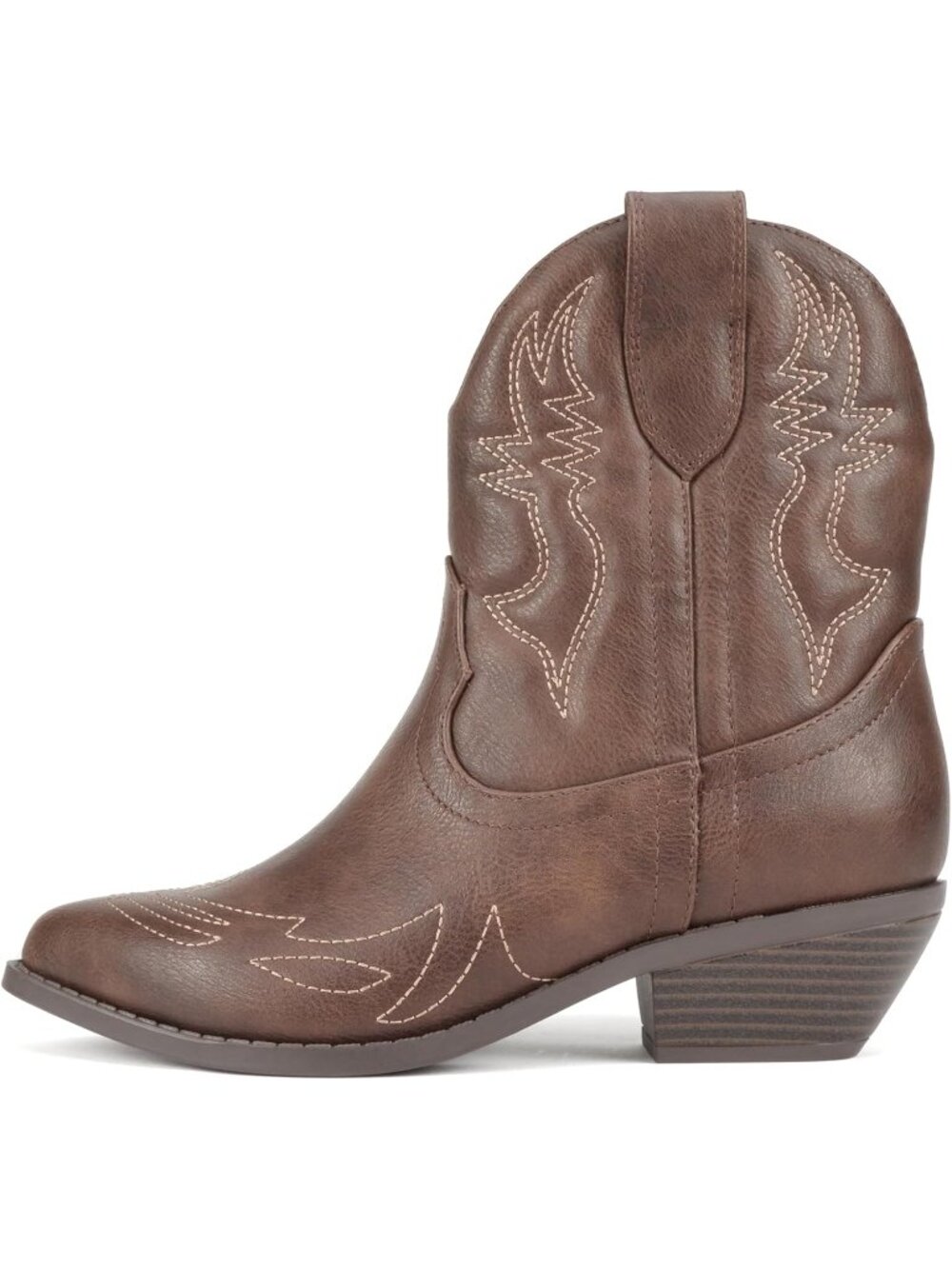Women Brown Pu Cowgirl Cowboy Western Stitched Pointed Toe Ankle Boots